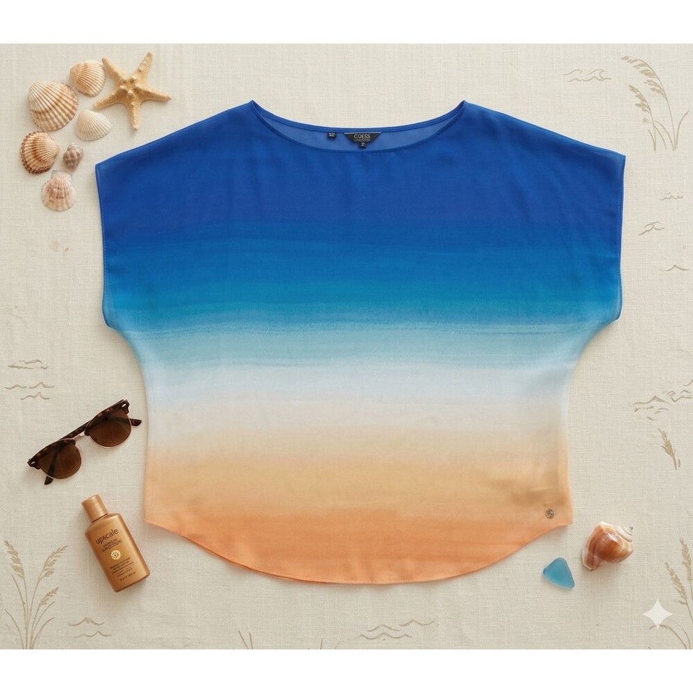 Guess Los Angeles Women Top Sz M Ombre Gradient Short Sleeve Blouse Blue Orange